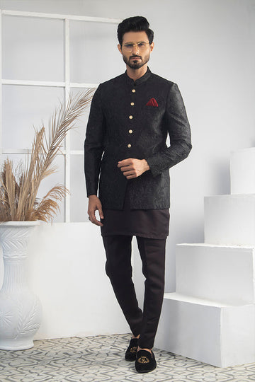 Black Color Floral Embroidered Prince Coat For Men